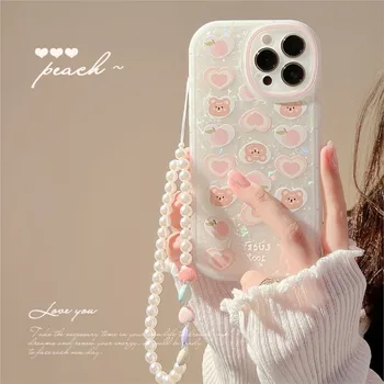 Калъф за телефон Pearl Shell за iPhone, Сладък калъф за iPhone 14, 13, 11, 12 Pro Max Mini XR XS Max X 7 8 Plus Peach Love Art Fashion