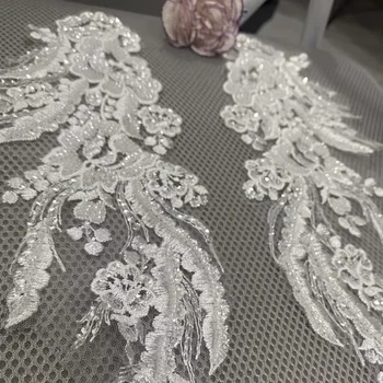 1 чифт Мъниста от слонова кост чрез шнурове Бродерия Лейси апликация Сватбена рокля Цвете ръкоделие Отвор на вратата 3D ленти от лова на 34x12 см