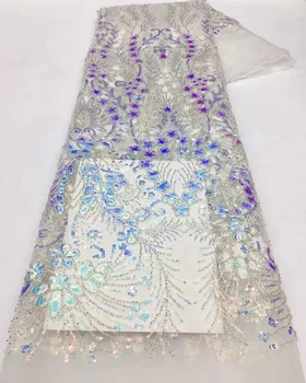 Лейси плат в нигерия стил Sequence 2023 Благородна лейси тъкани от тюл за булчински рокли, Луксозни официални дрехи от френски дантели 5 ярда XX5463