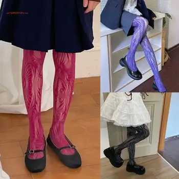 Розови дантелени чорапи в рибарска мрежа за жени, чорапогащник с модел, секси отворени гамаши