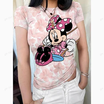 Лятна дамска тениска, тениска за момичета, дамски дрехи, блузи Y2k, тънка тениска с принтом Мики Маус, женска тениска с къс ръкав