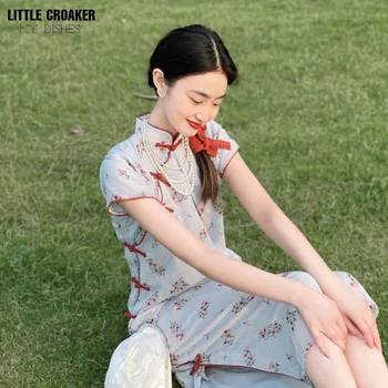 Женствена рокля Gufa Qipao 2023, моля Чонсам, Ново малка рокля със средна дължина, с разпокъсани китайски цвете средна дължина за момичета за всеки ден