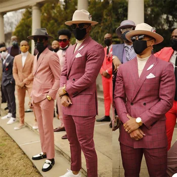 Розово карирани дизайн, 2 броя, мъжки костюми, изработени от памук, ушити по поръчка, Двубортные Красивите костюми за официални партита, сака + панталони