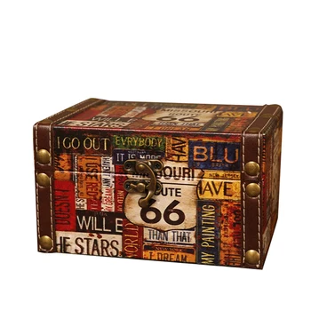 Ретро Декоративен куфар за съхранение, Малка Дървена ковчег в ретро стил, заключване за ковчежета, Настолна кутия за съхранение, Тапицерия Кутия за бижута Muhe Road 66