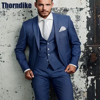 Thorndike, Висококачествен Тъмно сини Мъжки костюм, Оборудвана Сватбен Костюм За Мъже, Комплект от 3 теми, Смокинги, Мъжки дрехи (Яке + Панталон + Елек)