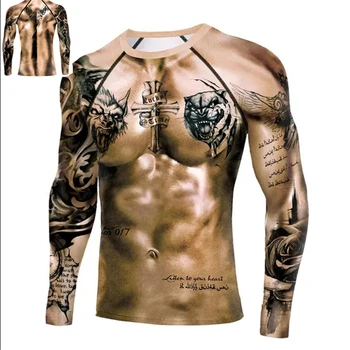 Мъжки компресия тениски с татуировка на мускулите, спортни дрехи с вълк и дракон, рашгард, върхове за фитнес, тениски, градинска тениска