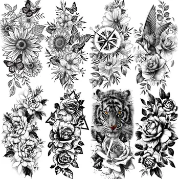 8 Листа Временни татуировки под формата на черно Цвете За жени И момичета, Стикер с фалшиви Татуировки, Реалистичен Компас, Роза, Божур, Цветя, Татуировки, Боди арт