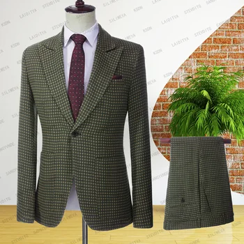 2024 Мъжки бизнес блейзери зелен цвят, с принтом в грах, мъжки оборудвана костюм-двойка от чист памук, мъжко клетчатое рокля на булката (сака + панталони)
