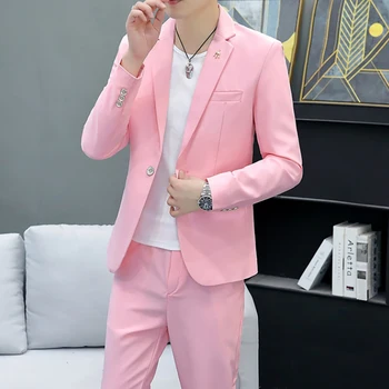 Пълен мъжки костюм, летен розово оборудвана сако, панталони, комплекти от 2 теми, елегантни вечерни бизнес сватбени мъжки костюми Bleize Masculino