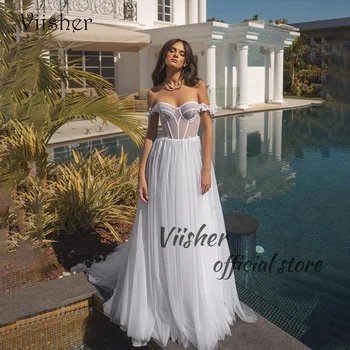 Сватбени рокли Viisher Beach с костяным корсет, булчинска рокля с открити рамене, богемное на булката рокля с А-силует с 3D цветя и влак