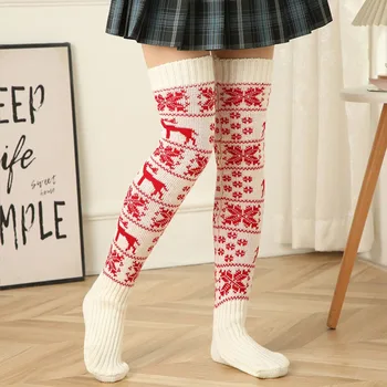Зимни топли дамски чорапи, възли чорапи за краката с снежинками и лосями, топли Коледни високи дълги чорапи, Коледен подарък за момичета и жени