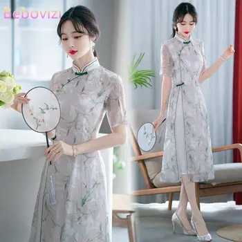 Нов стил на Елегантния ретро-Ципао с къс ръкав, традиционен китайски Чонсам за дамски дрехи