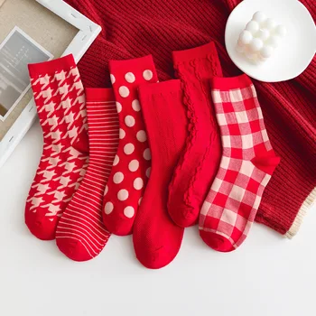 Червени коледни чорапи със средна дължина, за мъжки и женски двойки, Нова година, есен-зима 