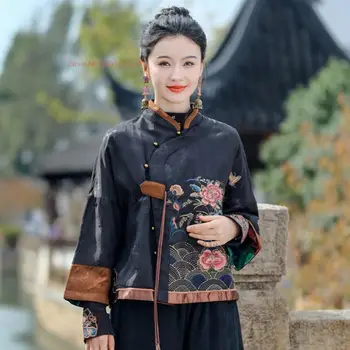 китайското винтажное палто 2024 година с национална бродерия на цветя, добро палто, етнически костюм от епохата на тан, източна традиционна яке с памучна подплата