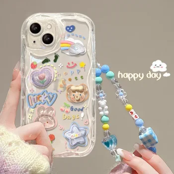 Корейски 3D Мечка Вися на Телефона На Верига На съвсем малък Прозрачен Мек Калъф За iPhone 15 14 Pro Max 11 12 13 Mini XR 6 8 7 Plus X XS SE Сладко чанта за Носене