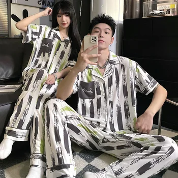Корейската мода Копринени Пижами за двойки Лято Пролет Кратък Топ за сън и Дълги панталони Пижами За мъже, Дамски Жилетки Пижами Mujer