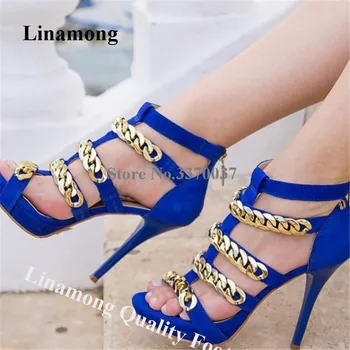 Linamong Летни златни ланци, сандали-гладиатори на висок ток, сини велурени сандали на платформа и висок ток, модел обувки, обувки голям размер