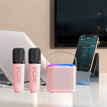 Преносима система високоговорители Bluetooth 5.3 с 2 безжични микрофони Home Singing Speaker Розов