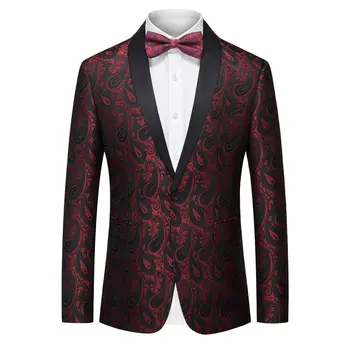 Жаккардовая плат, мъжко сако и с папийонка, модерно сватбена рокля за парти, палта на една пуговице, вино-червено, златен, черен блейзър Елегантен