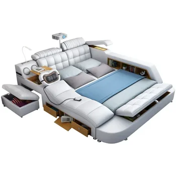 Масажът легло-татами, кожено легло, модерна проста основна спалня, двойно легло, богат на функции сватбена легло 1,8 м, меко легло за съхранение на вещите