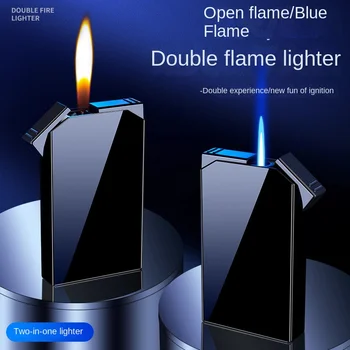 модни креативна подарък запалка с двоен огън Високо качество Наклон цвят Направо чрез открит огън Надуваема запалка Мъжки подарък