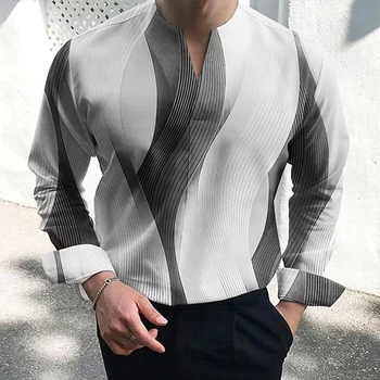Мъжки ежедневни ризи с геометричен принтом, V-образно деколте, дълъг ръкав, свободна офис блуза, блузи, тениски, мода мъжка тениска в ретро стил, градинска облекло