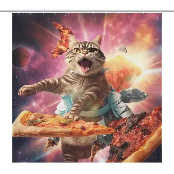 Галактическата пица Смешно котка Завеса за душ от полиэстеровой плат, пердета за баня, обзавеждане за баня, водоустойчив, с куки 12шт Galaxy