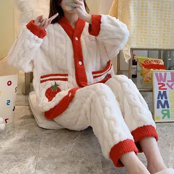 Жена зимна пижамный комплект от коралов руно с принтом, однобортный плюшено пижамный комплект с V-образно деколте