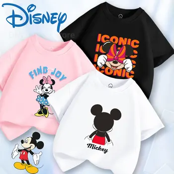 Детска тениска Disney с Мики Маус от чист памук, модни анимационна тениска за момчета и момичета, лятна тениска с къс ръкав, свободна, удобна, скъпа.