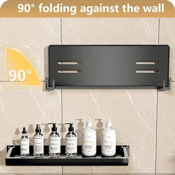 Черна сгъваема стенни стойка за душ, скоба за шампоан, Стенни полици за всекидневна, Кухненски органайзер и принадлежности за съхранение на баня