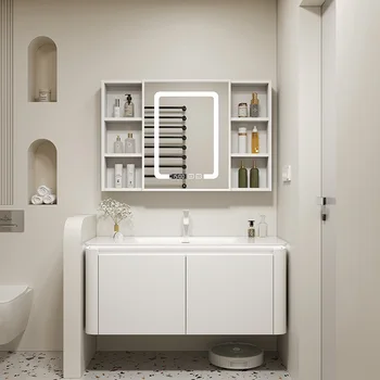 Комбинация от златни шкафове за баня, санитарен възел в кремовом стил, керамичен умивалник, шкаф за баня с мивка, мивка