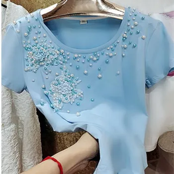 Женска тениска с перли, расшитая мъниста, с къс ръкав, дълги дантелени ризи с цветен модел от чист памук.