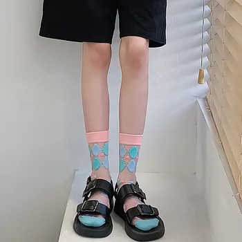 1 Чифт найлонови копринени чорапи с цветна бродерия INS-Тънки Прозрачни Дишащи Летни Кристални Кавайные Женски Момичета Реколта Сладки