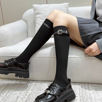Дамски чорапогащи до коляното, реколта есенно-зимни чорапи в рубчик средна дължина на британския стил, черни чорапи Sweet Cool JK Calf Чорапи Academy Style