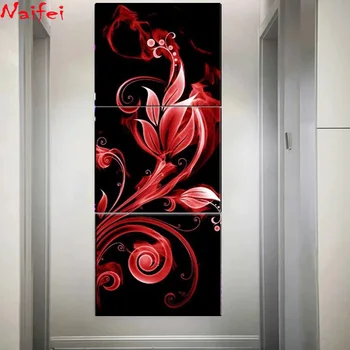 Триптих Диамантена бродерия Абстрактен червено цвете Магнолия кръст бод Цвете пълен квадратен кръг набор от мозайка Сам за домашен декор