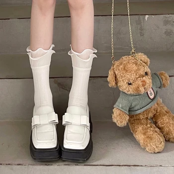 Висококачествени Памучни чорапи с кружевными накъдрен за момичета JK Lolita, Корейски Модерен Балет стил, Средната тръба, Двуслойни чорап с набори по ръбовете
