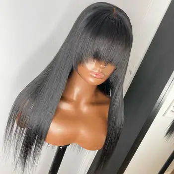 Мек натурален черен директен машинен перука с дължина 26 инча с бретон за черни жени от высокотемпературного влакна за cosplay, без лепило всеки ден