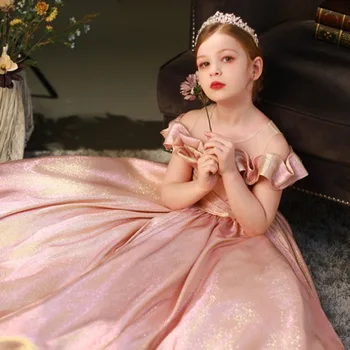 Рокля с цветя модел за момичета, лъскава тъкан, Трапециевидный деколте, дължина до пода рокля на принцеса за момиченца на сватба, рожден Ден, Първото причастие, премяна