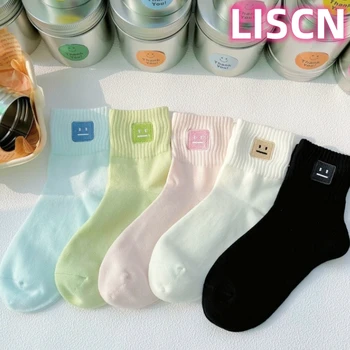 LISCN 2023 Нова Корейска Цветни Дрехи Smiely Crew Чорапи Дишащи Меки Памучни Чорапи За жени И момичета, Модни Улични Аксесоари