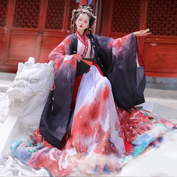 Китайски стил Hanfu Червено Виолетово Бяло Костюми за cosplay Рокли за жени Сценична облекло Халат за народни танци Бала с кръстосан яка