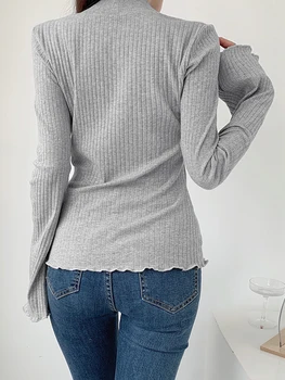 Дамски секси потник приталенного намаляване с дълъг ръкав и квадратни деколтета, контрастная базова еластична тениска Фея, ежедневни градинска облекло