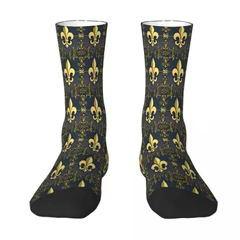 Златни чорапи с шарени Fleur De Lis, Мъжки, Дамски Чорапи от полиестер, Адаптивни Забавни