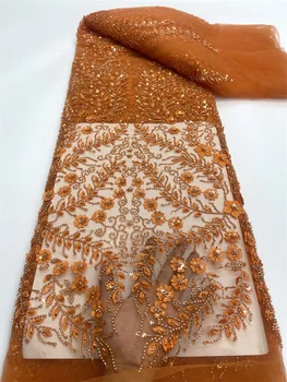 Нигерийски мъниста, ръчно изработени Лейси плат 2023 Висококачествени пайети Бродерия с мъниста Африканска Френска лейси плат за рокли