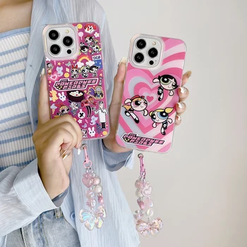 Розов калъф за мобилен телефон с матово покритие на веригата за момичета P-Powerpuff за Iphone 11 12 13 14 15 Pro Max XS X XR, новост мода