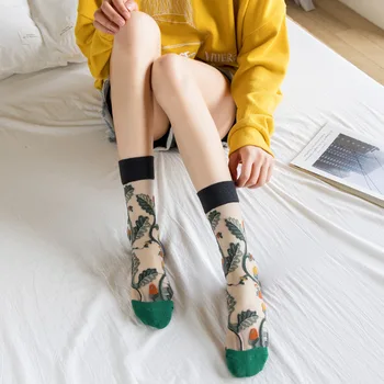 Нови Прозрачни Копринени Чорапи С Кристали, Тънки Цветни Сладък Японски Летни Чорапи, Дамски Ластични Чорапи Кремава на Цвят със Средна дължина