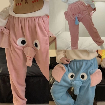 Меки панталони с анимационни със замах през рамо слон, зимни топли фланелен пижамные панталони, спортни панталони за унисекс