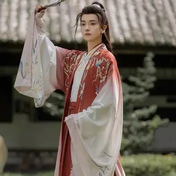 Мъжки дълга рокля с ресни по системата на Цин и Хан с принтом Ханьфу с голям ръкав за изказвания дневно, китайското традиционната рокля