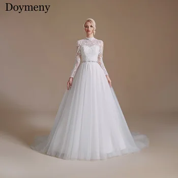 Сватбени рокли Doymeny за жени, изящни Апликации трапецовидна форма с високо воротом, Обтянутые бутони, Драпированный тюлем Придворен струята, Robe De Mariee