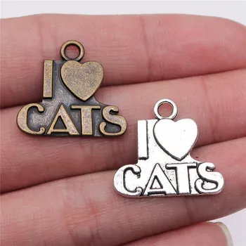 Продажба на едро 100 бр/пакет Бижута Charm I Heart Cats Древния бронзов цвят 23x21 мм I Heart Cats Charm