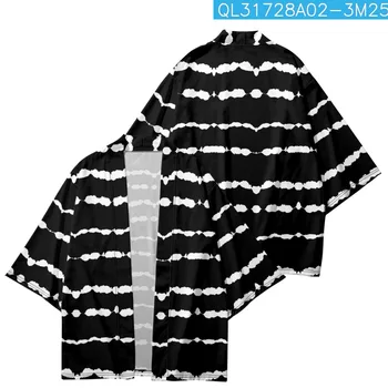 Бяла Жилетка черна ивица с принтом, риза-кимоно, японска градинска дрехи, Традиционни хаори, жени, мъже, Плажна Юката, Азиатски облекло